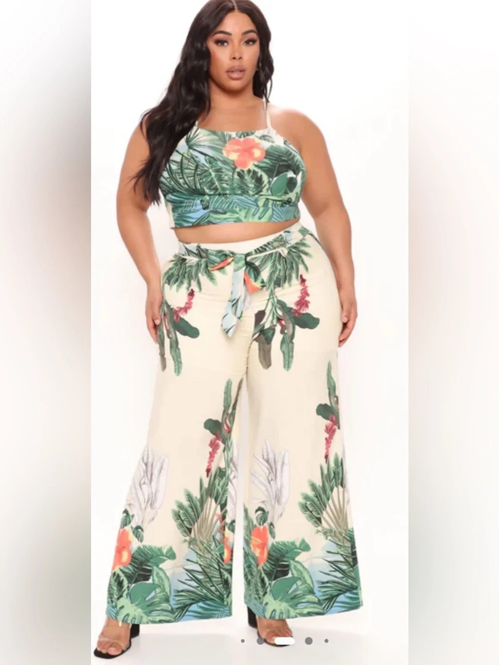 Fashion Nova Cream Tropical High-Waist Wide-Leg Pants Set with top